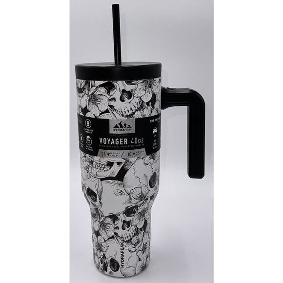 Hydrapeak Voyager 40 oz Water Bottle, Tumbler, Straw Skulls Flower NWT Halloween - Picture 1 of 14